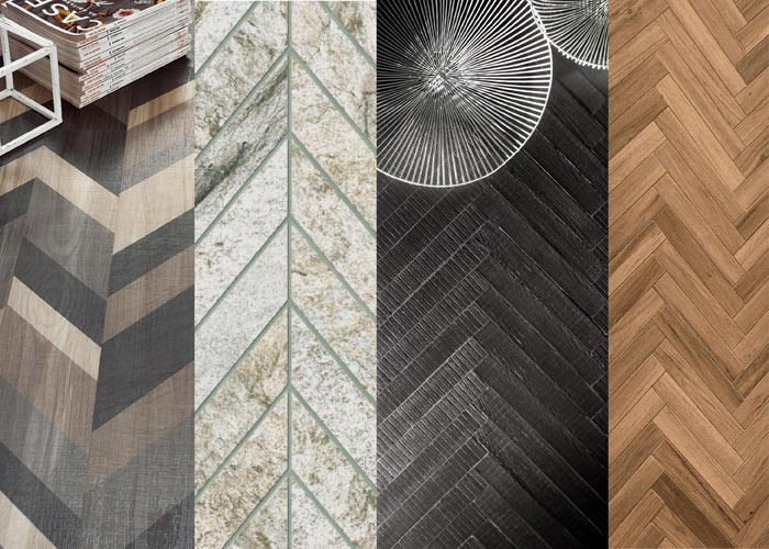 Top 10 Tile Trends.CHEVRON CHIC - L-R Sant'Agostino Shadewood, Novabell Firestone, 41zero42 Rigo, Atlas Concorde Etic Pro