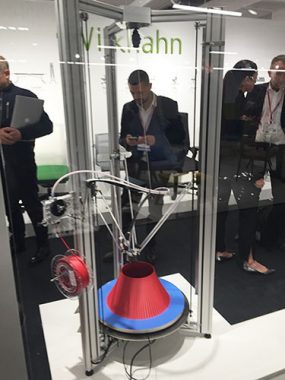 A 3D printed stool called Presto, designed by Thorsten Franck for Wilkhahn, being made out of a plant-based polymer in the Wilkhahn showroom. Photography: Julia Peppard 